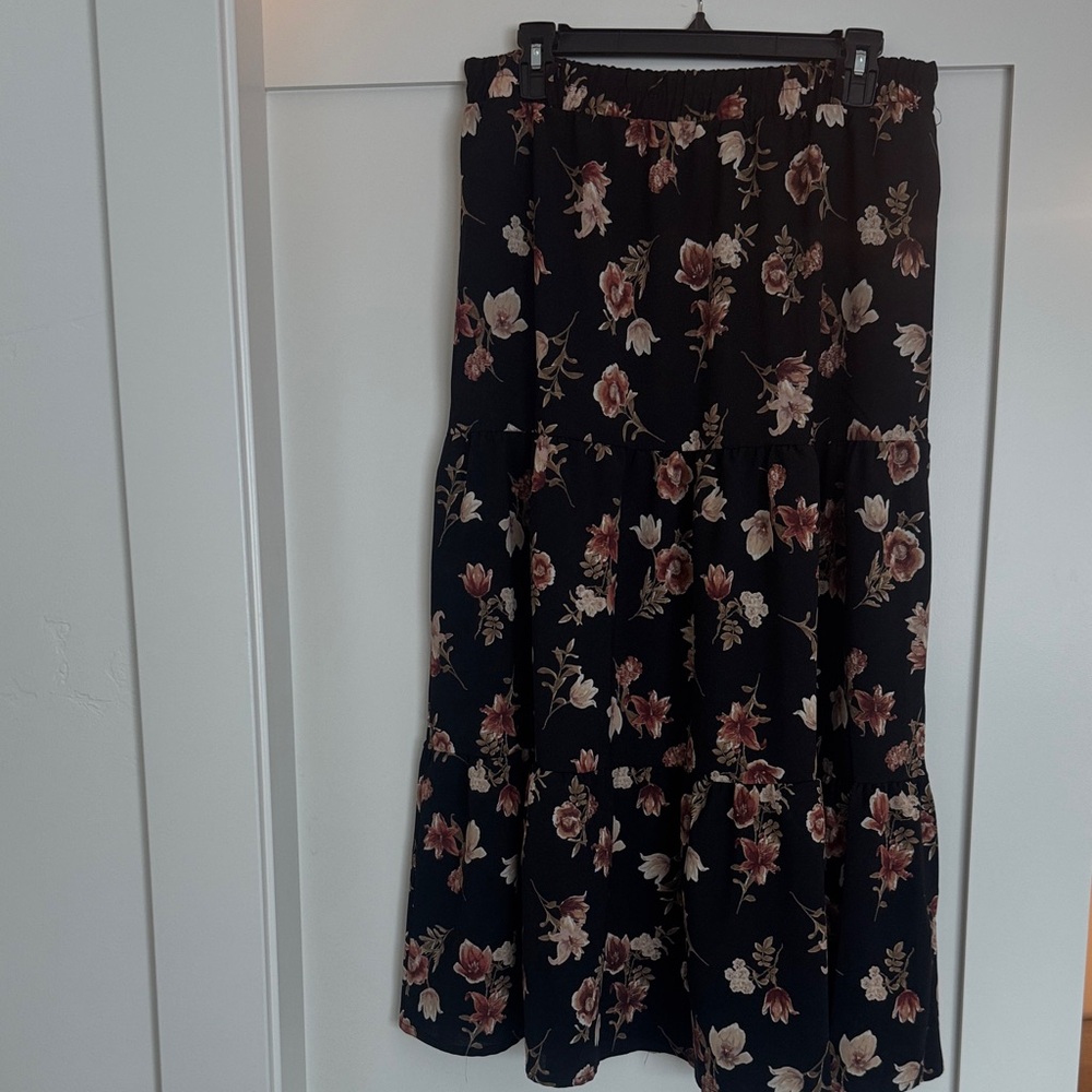 Black Floral Tiered Maxi Skirt - Women's